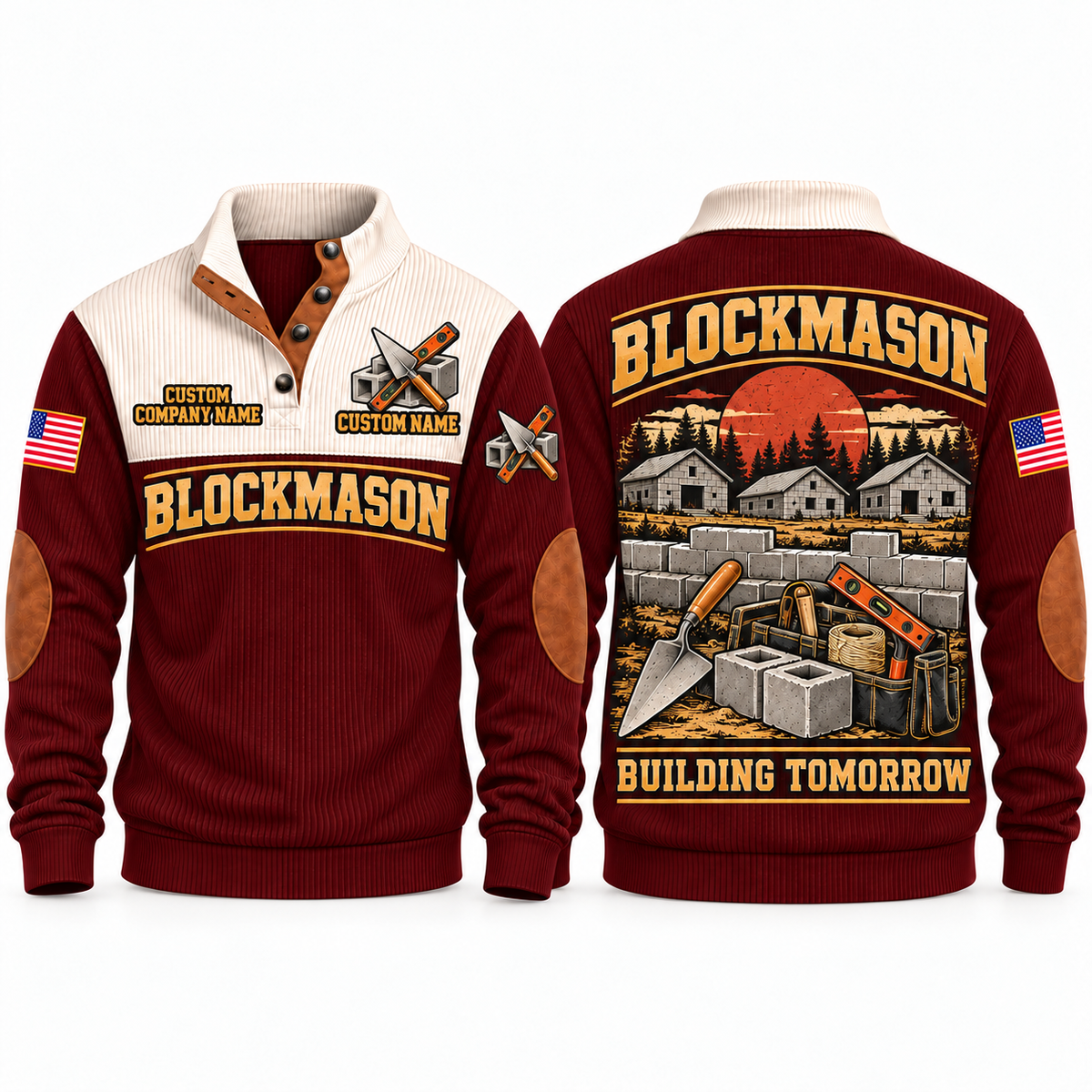 Blockmason Building Tomorrow Sports Sweatshirt Jujube Red front and back