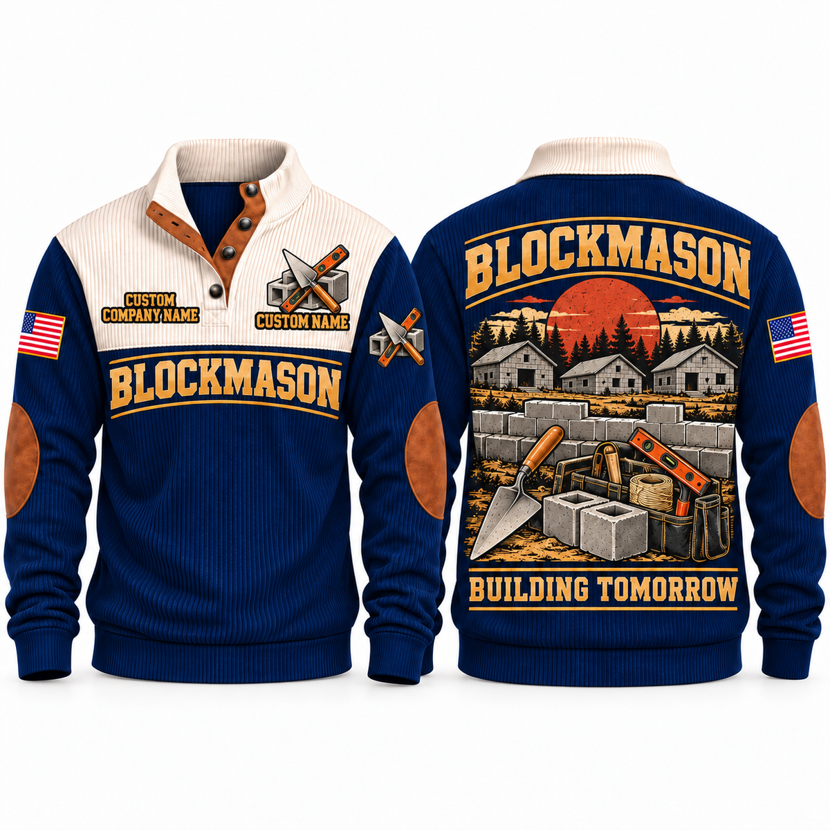 Blockmason Building Tomorrow Sports Sweatshirt Navy front and back