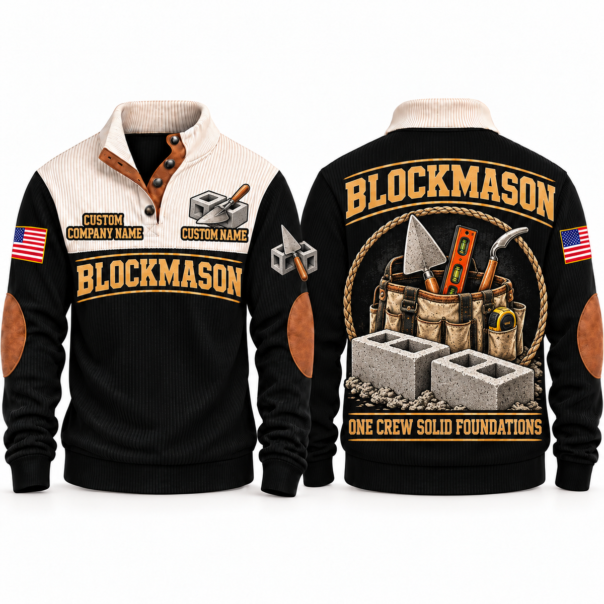 Blockmason Masonry Crew Sports Sweatshirt Black front and back