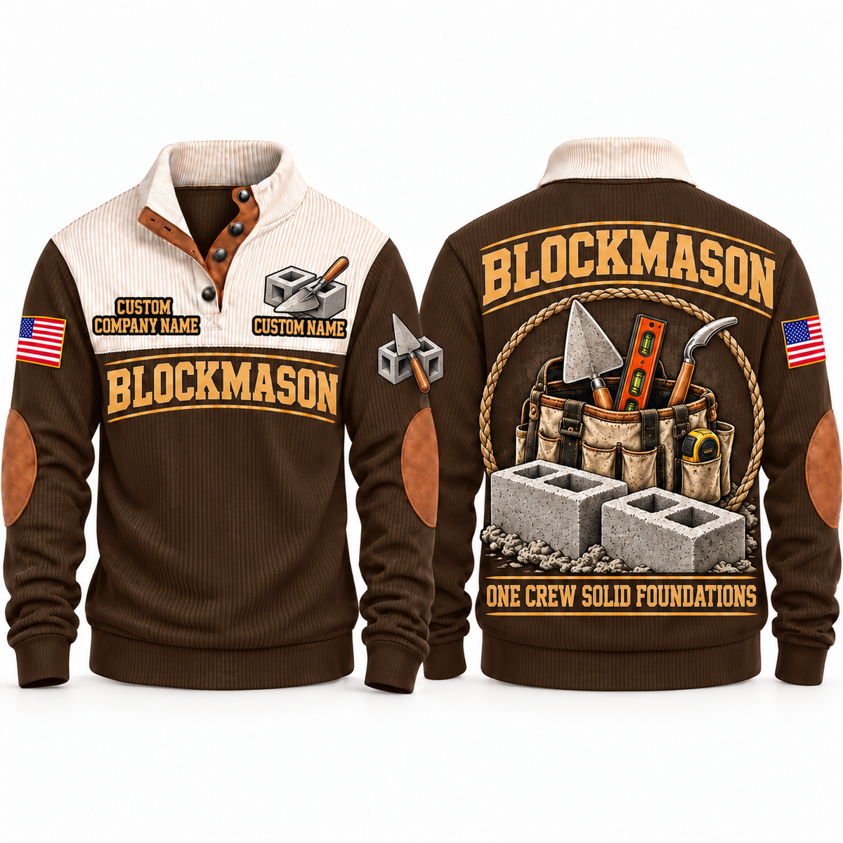 Blockmason Masonry Crew Sports Sweatshirt Brown front and back