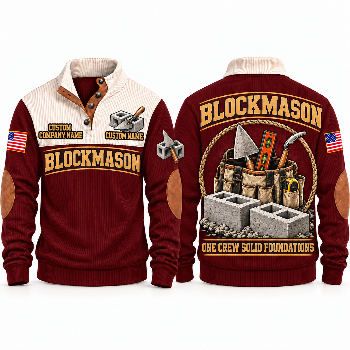 Blockmason Masonry Crew Sports Sweatshirt Jujube Red front and back