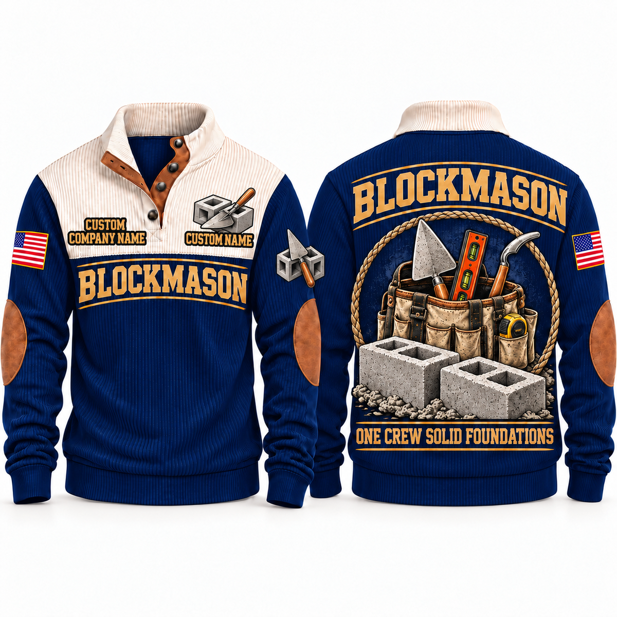 Blockmason Masonry Crew Sports Sweatshirt Navy front and back