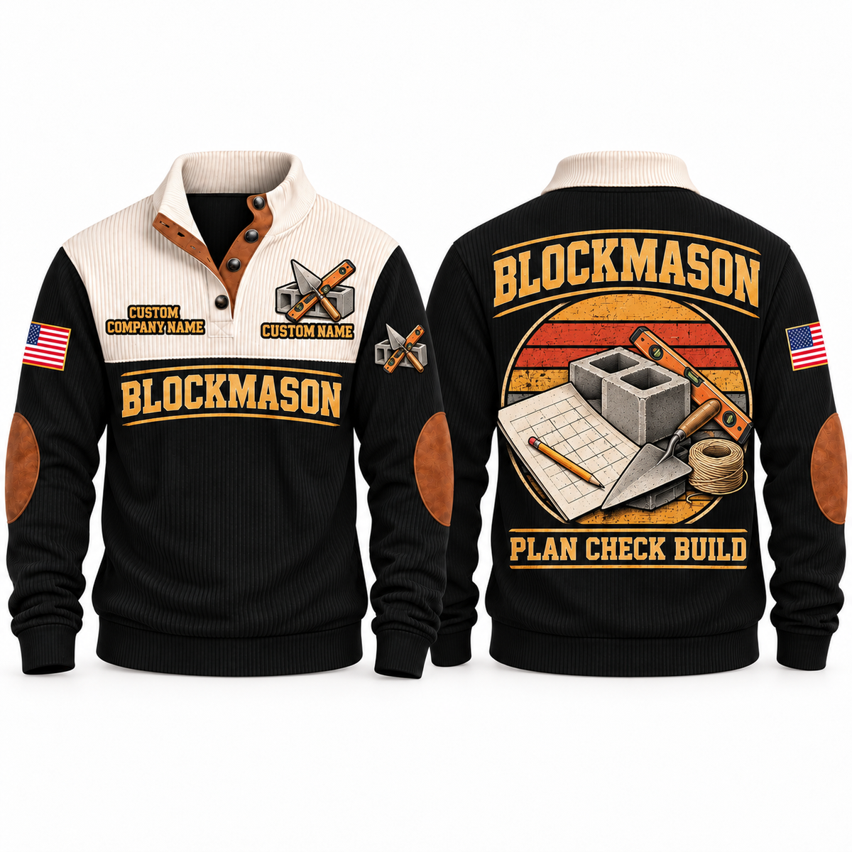 Blockmason Plan Check Build Sports Sweatshirt Black front and back