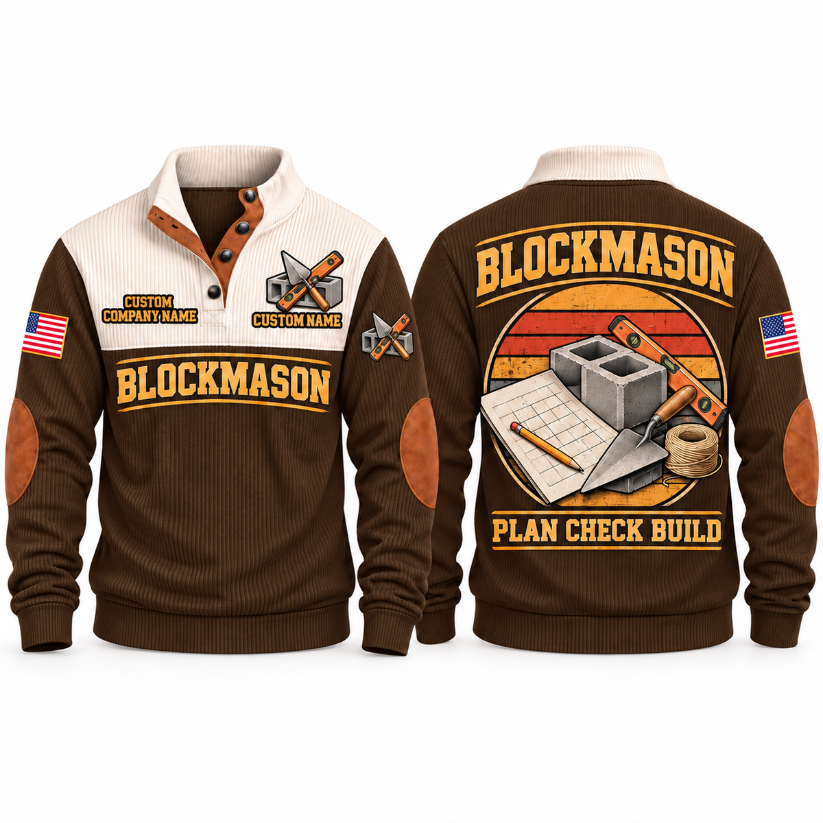 Blockmason Plan Check Build Sports Sweatshirt Brown front and back