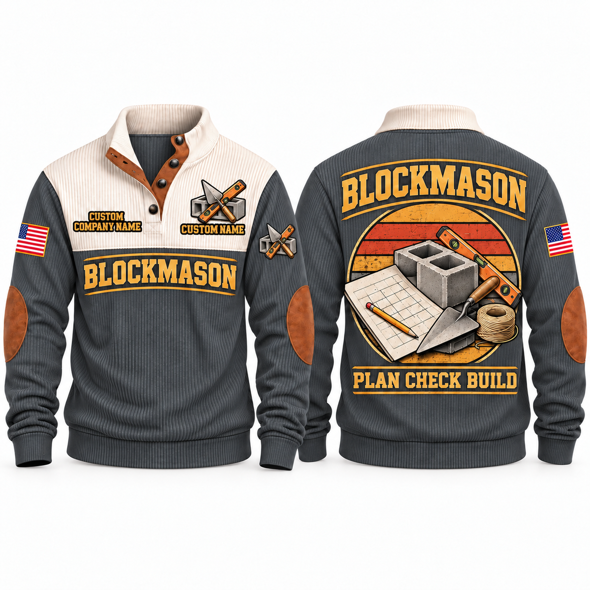 Blockmason Plan Check Build Sports Sweatshirt Grey front and back