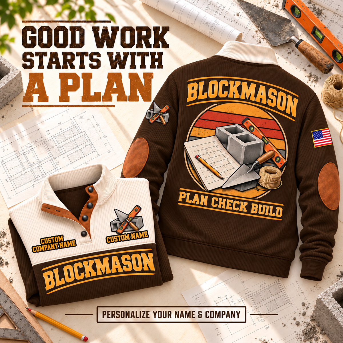 Blockmason Plan Check Build Sports Sweatshirt Brown listing hero