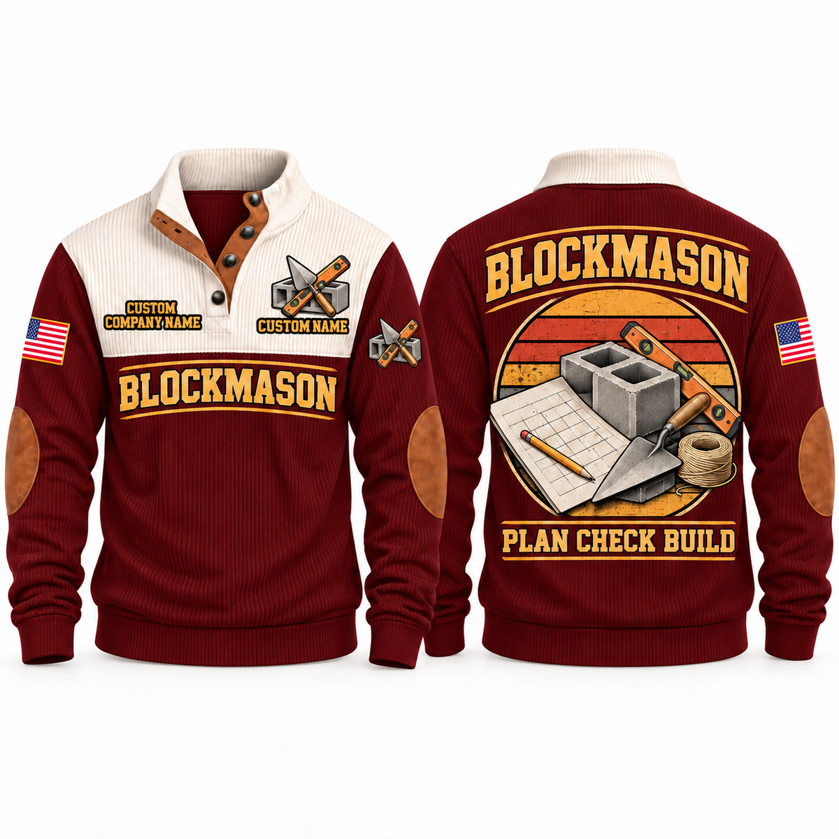 Blockmason Plan Check Build Sports Sweatshirt Jujube Red front and back