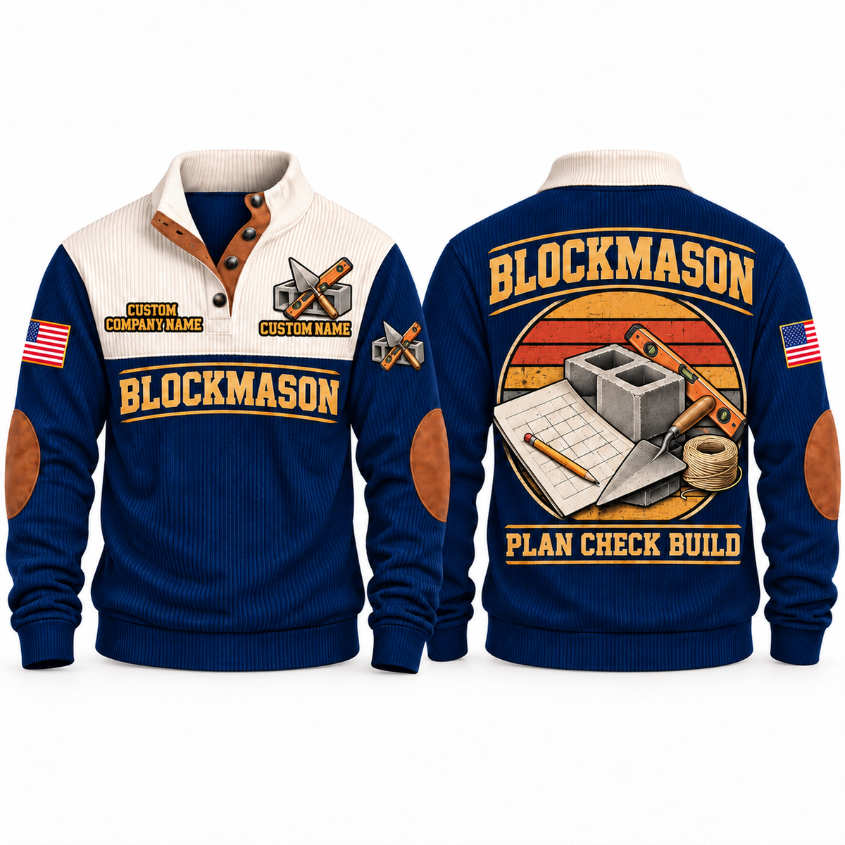 Blockmason Plan Check Build Sports Sweatshirt Navy front and back