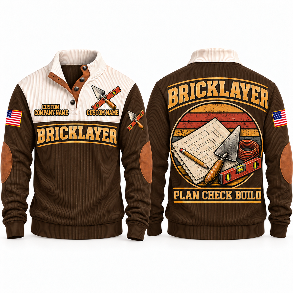 Bricklayer Plan Check Build Sports Sweatshirt Brown front and back