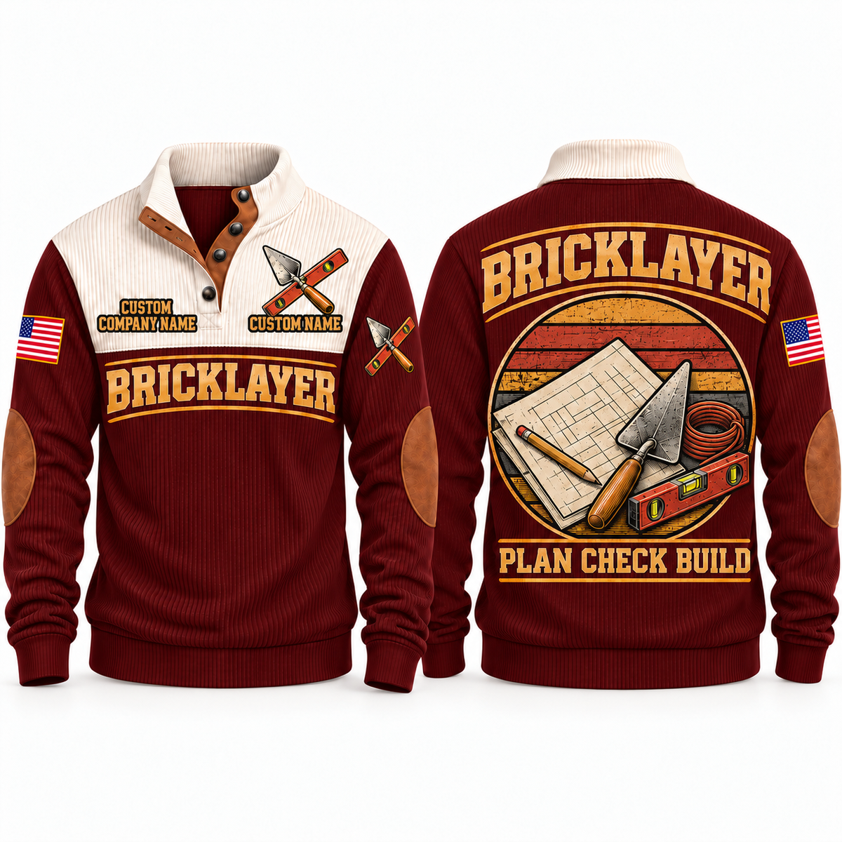 Bricklayer Plan Check Build Sports Sweatshirt Jujube Red front and back