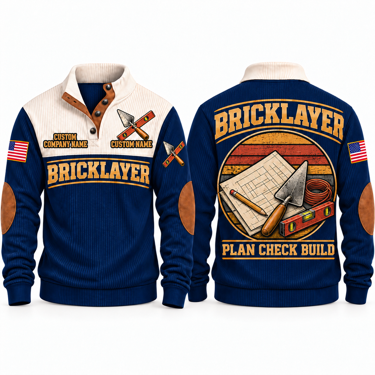 Bricklayer Plan Check Build Sports Sweatshirt Navy front and back
