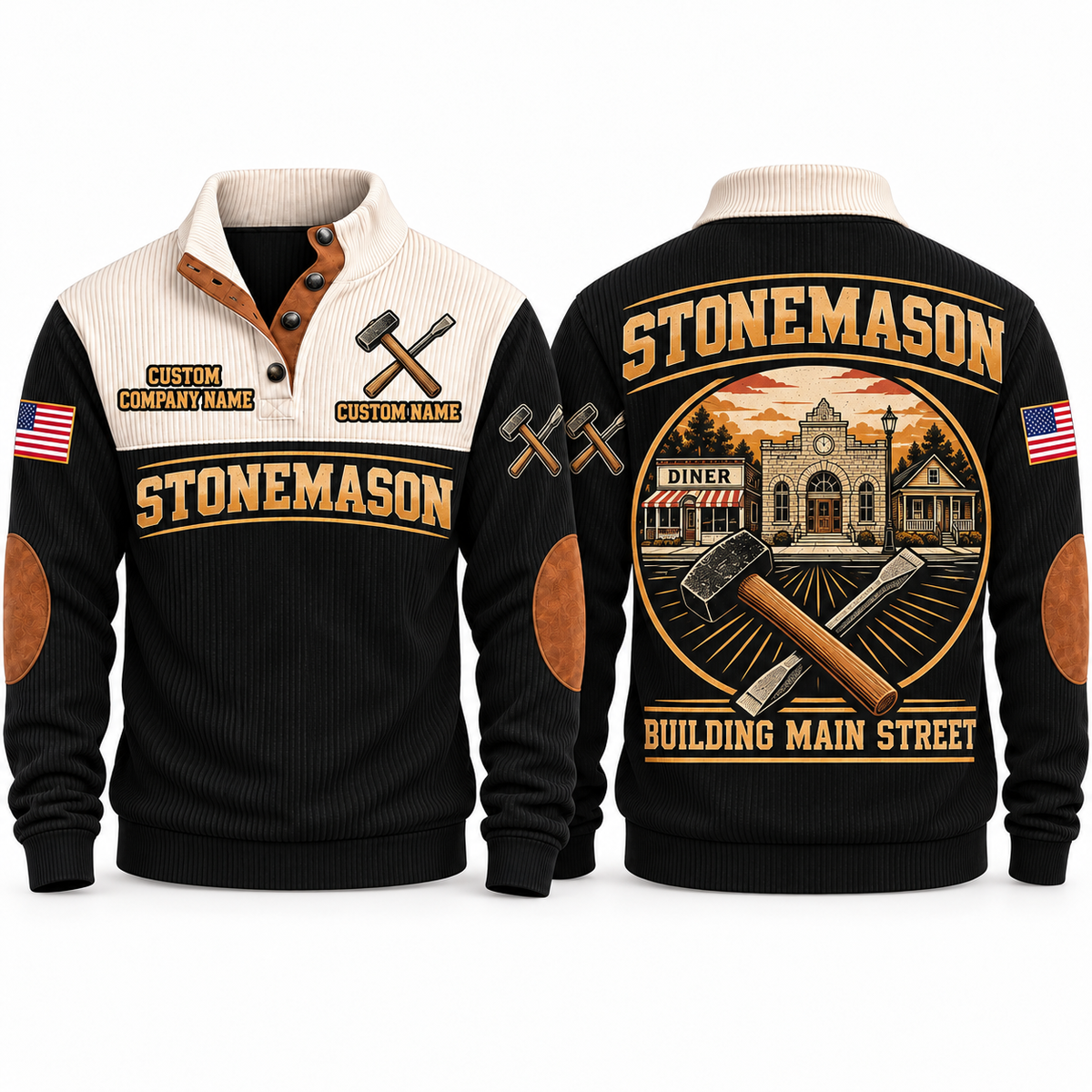 Stonemason Building Main Street Sports Sweatshirt Black front and back