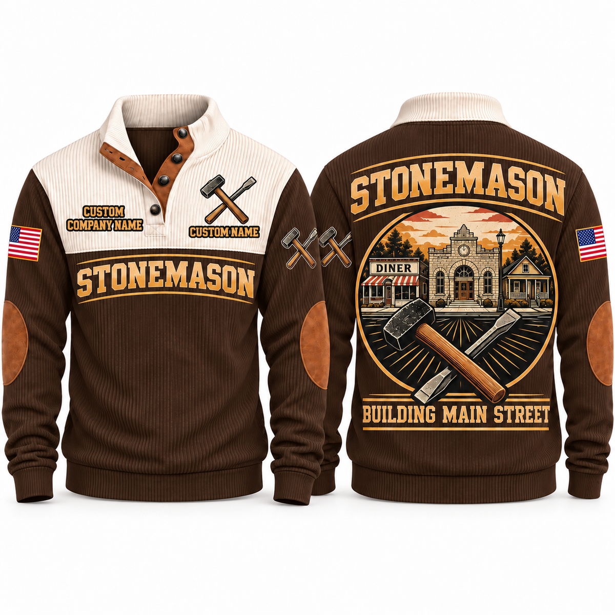 Stonemason Building Main Street Sports Sweatshirt Brown front and back