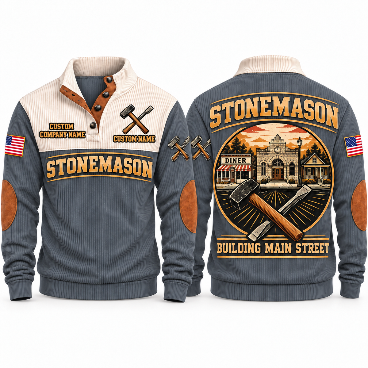 Stonemason Building Main Street Sports Sweatshirt Grey front and back