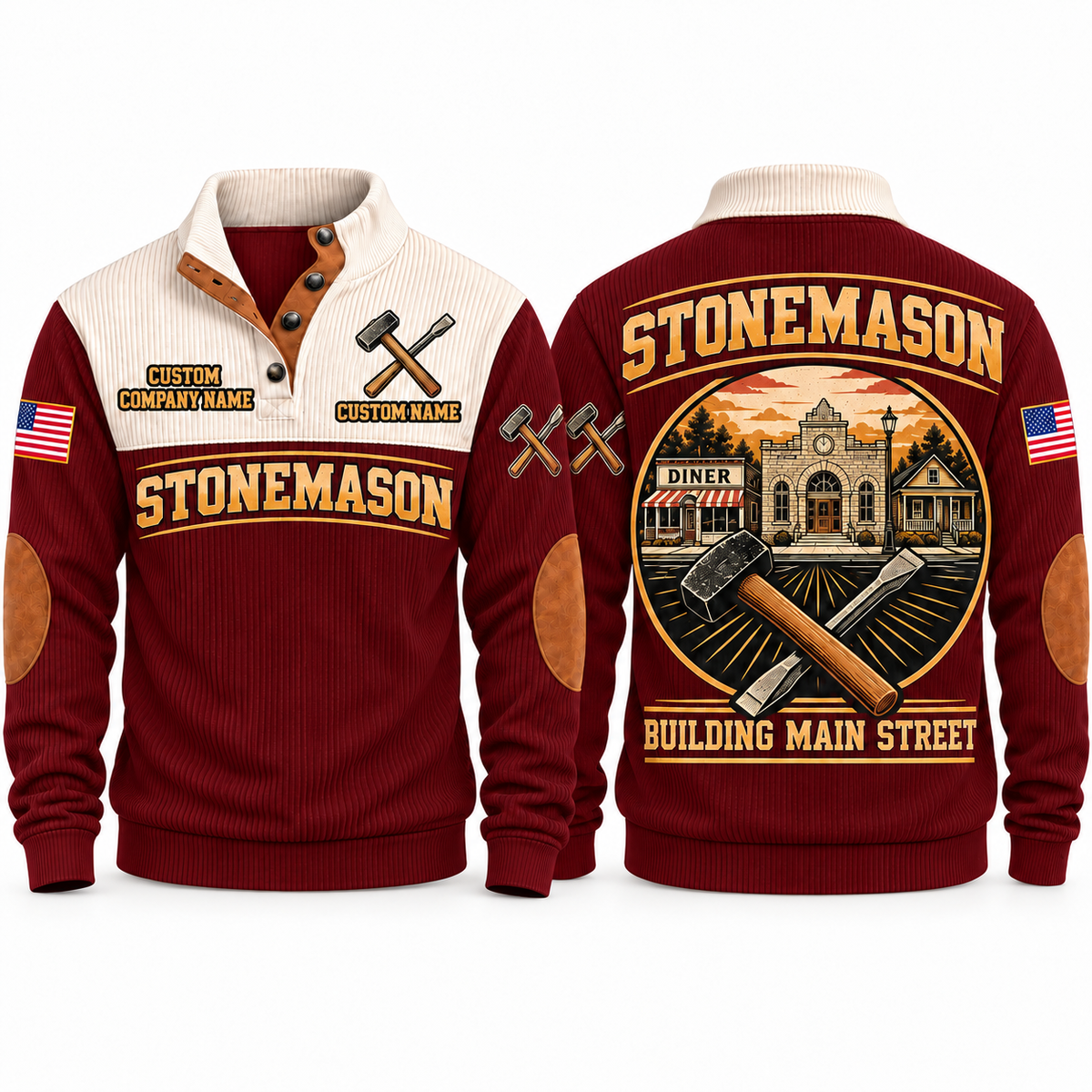 Stonemason Building Main Street Sports Sweatshirt Jujube Red front and back