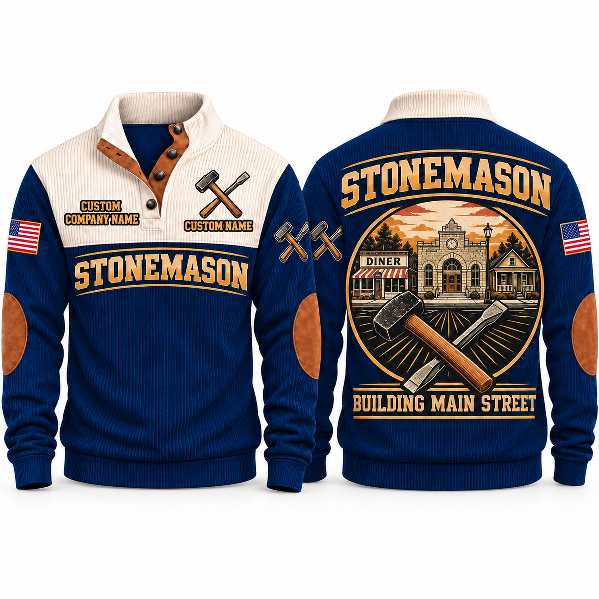 Stonemason Building Main Street Sports Sweatshirt Navy front and back
