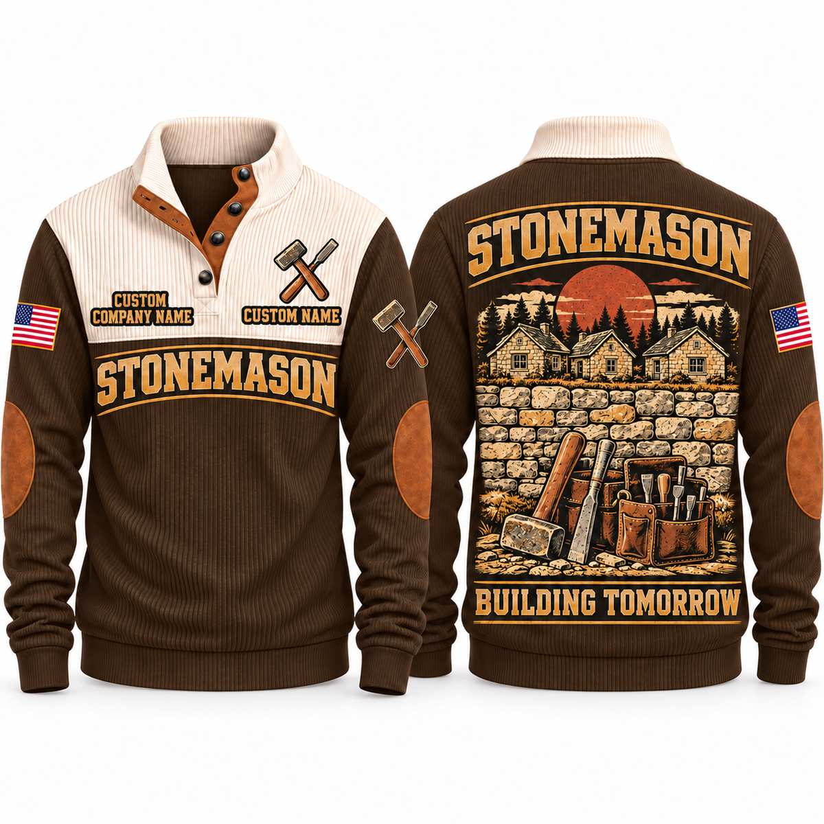 Stonemason Building Tomorrow Sports Sweatshirt Brown front and back