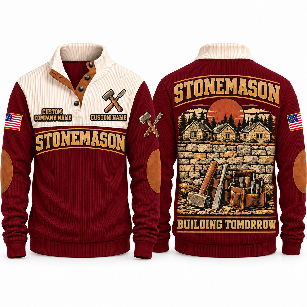 Stonemason Building Tomorrow Sports Sweatshirt Jujube Red front and back