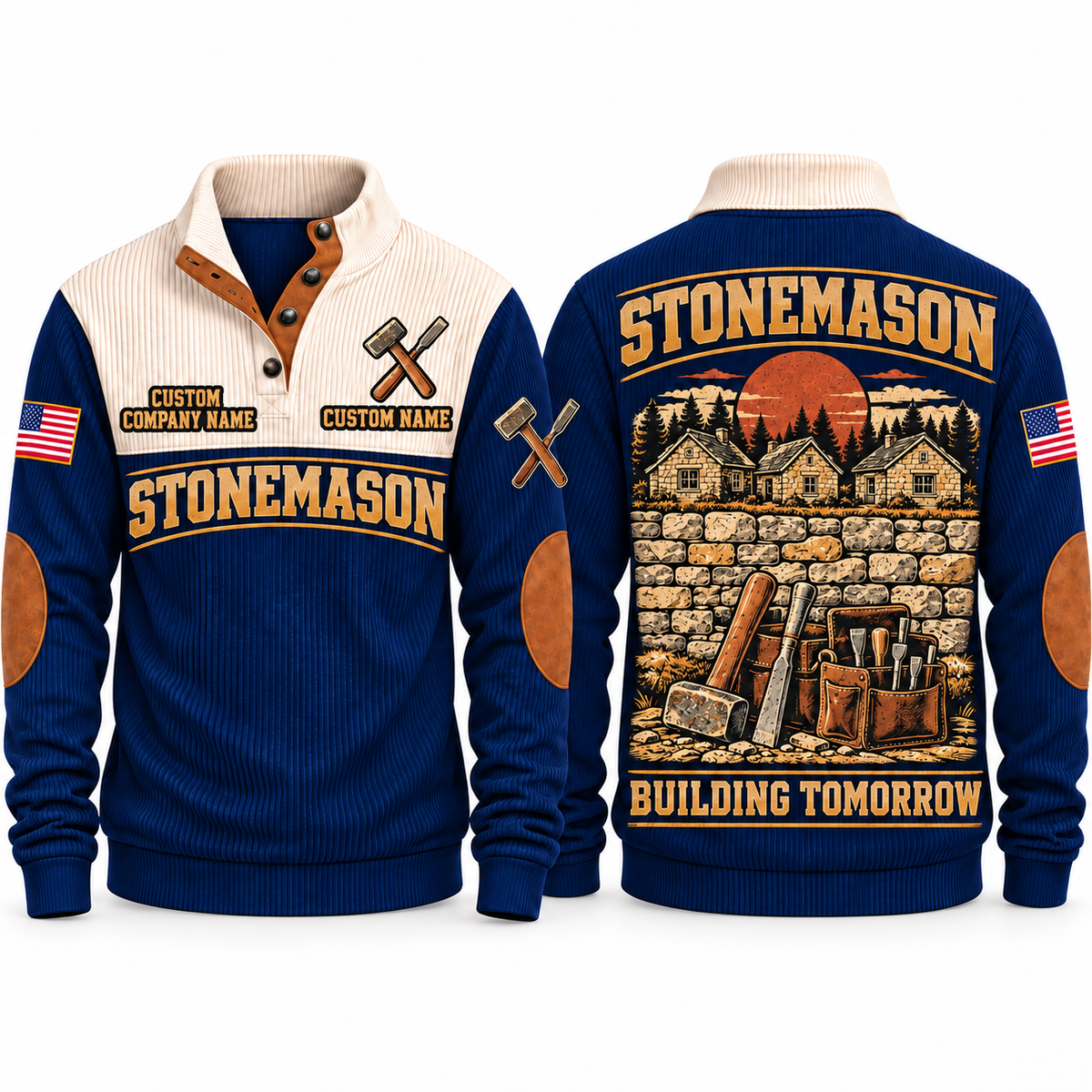 Stonemason Building Tomorrow Sports Sweatshirt Navy front and back
