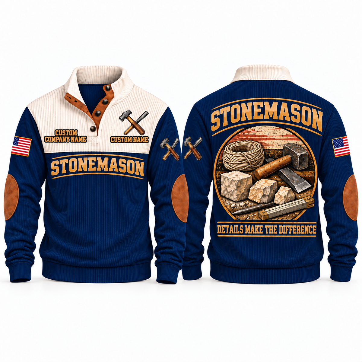 Stonemason Built With Care Sports Sweatshirt Navy front and back