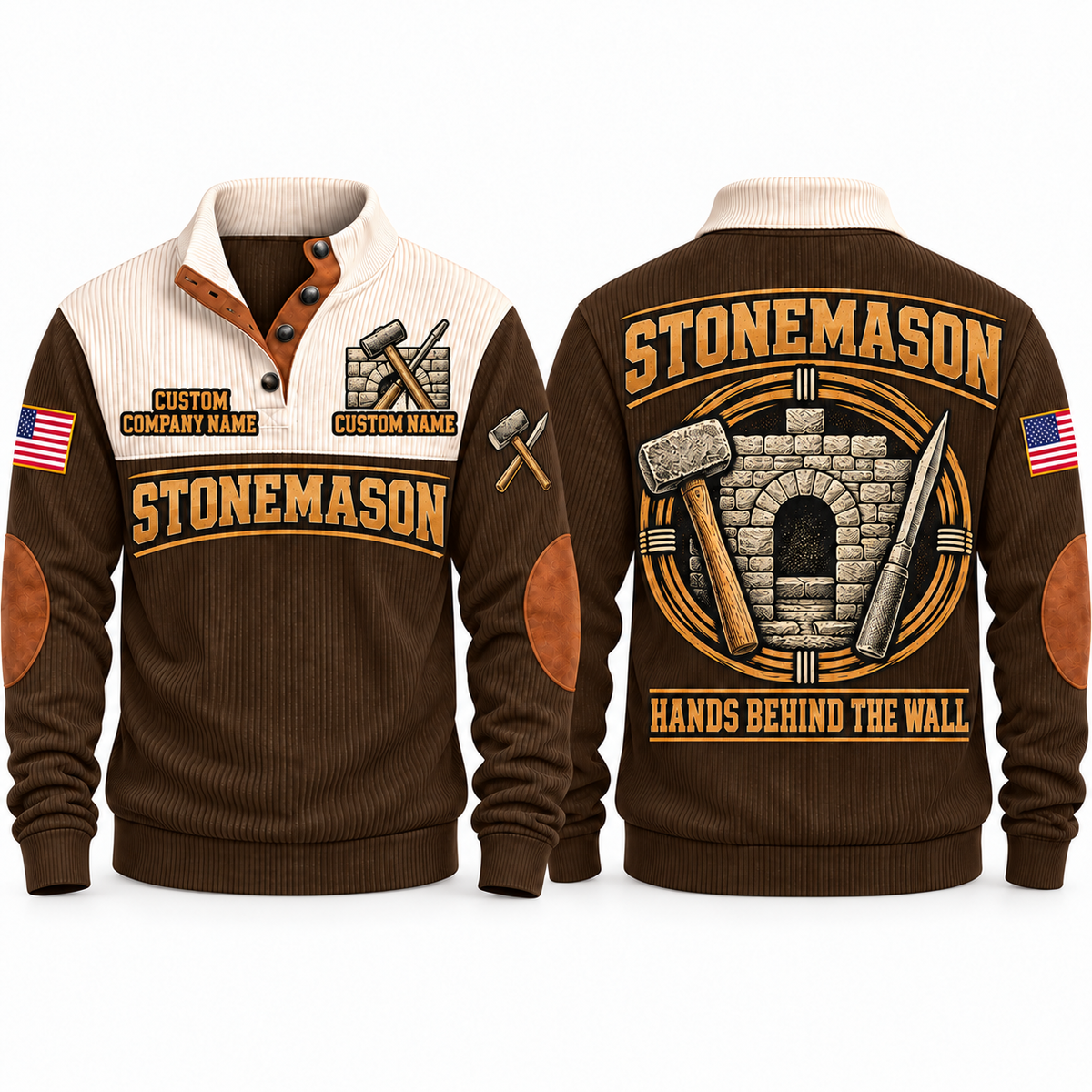 Stonemason Hands Behind the Wall Sports Sweatshirt Brown front and back