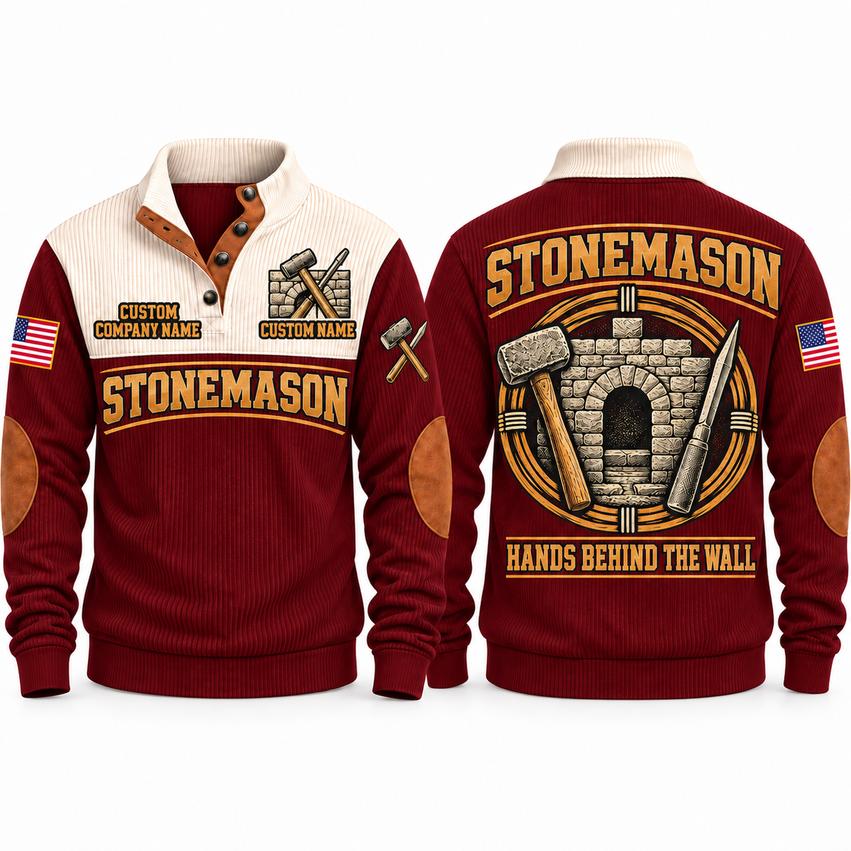 Stonemason Hands Behind the Wall Sports Sweatshirt Jujube Red front and back