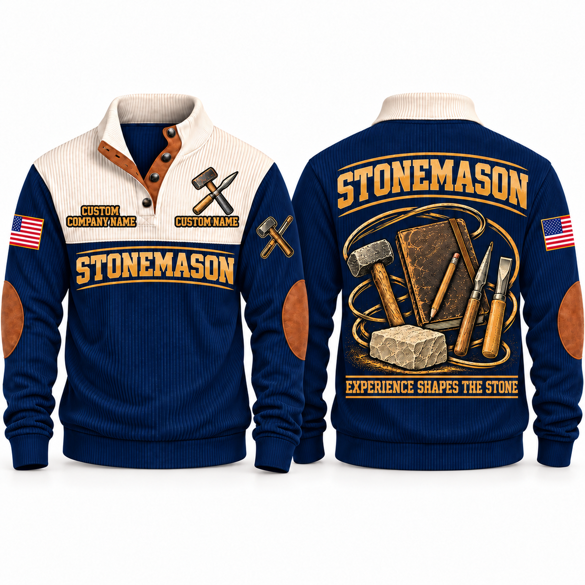 Stonemason Knowledge Carried Forward Sports Sweatshirt Navy front and back