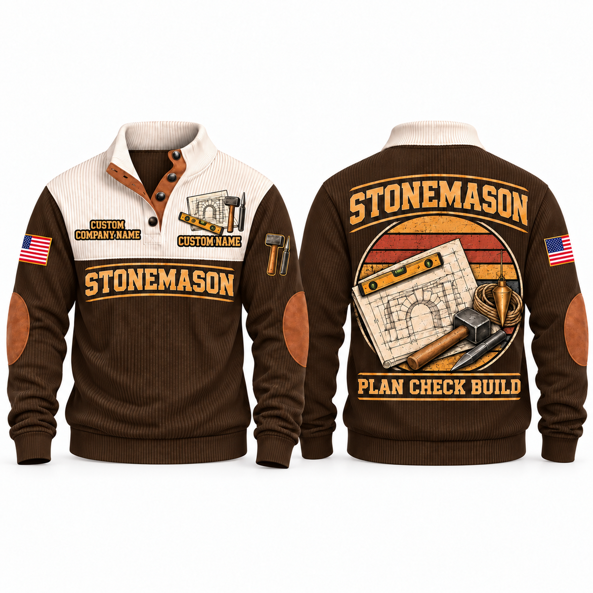 Stonemason Plan Check Build Sports Sweatshirt Brown front and back