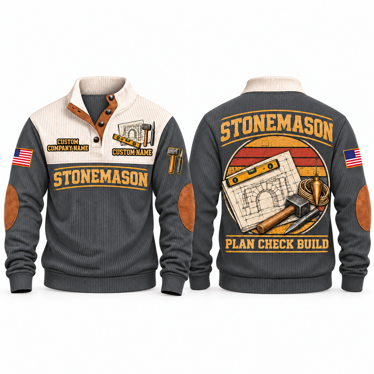 Stonemason Plan Check Build Sports Sweatshirt Grey front and back