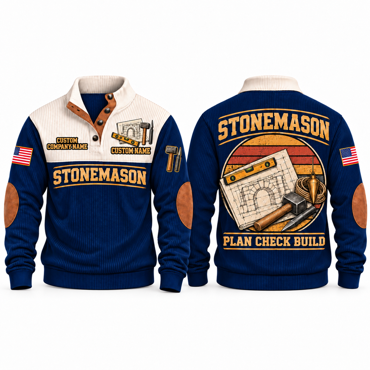 Stonemason Plan Check Build Sports Sweatshirt Navy front and back