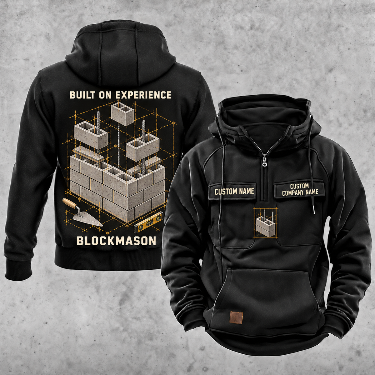 Blockmason Built on Experience Vintage Hoodie Black front and back
