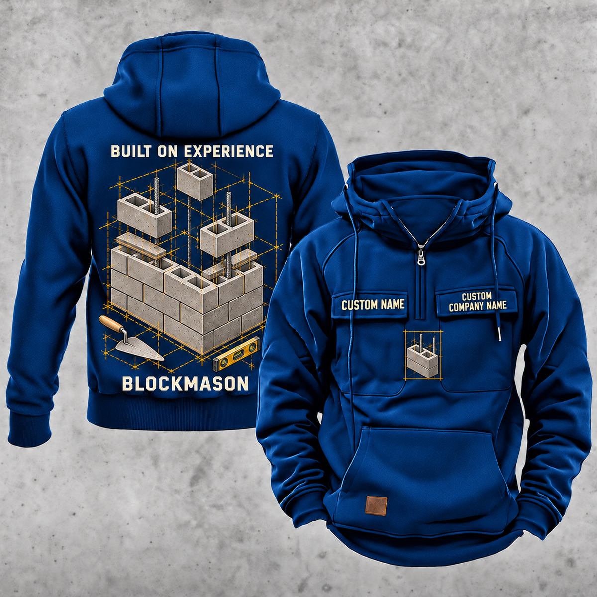 Blockmason Built on Experience Vintage Hoodie Dark Blue front and back