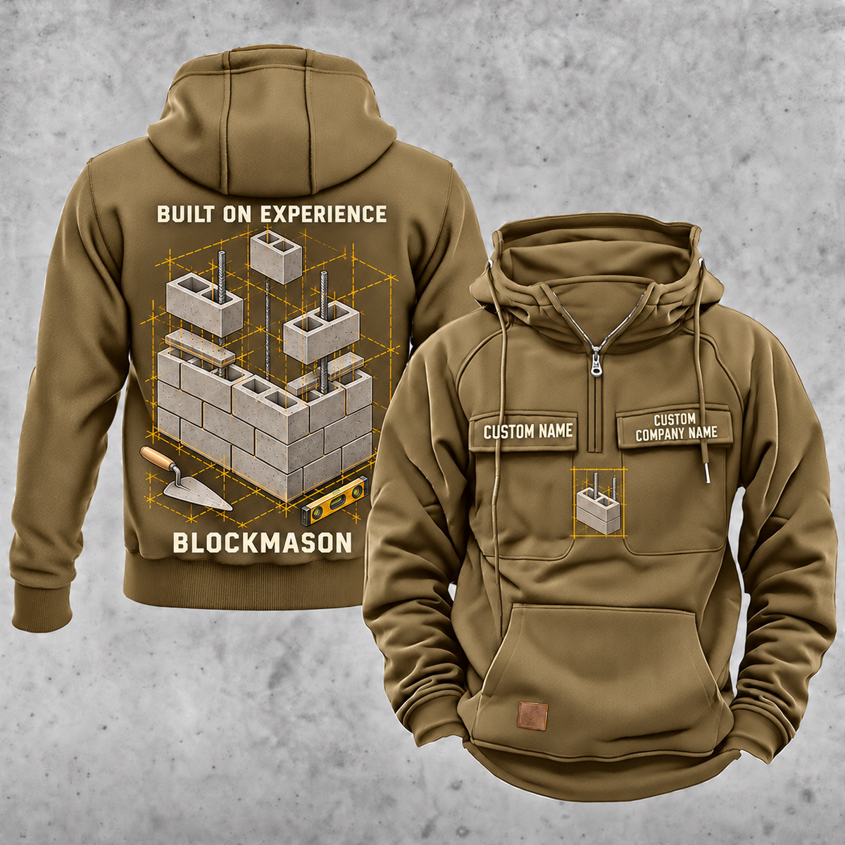 Blockmason Built on Experience Vintage Hoodie Khaki front and back