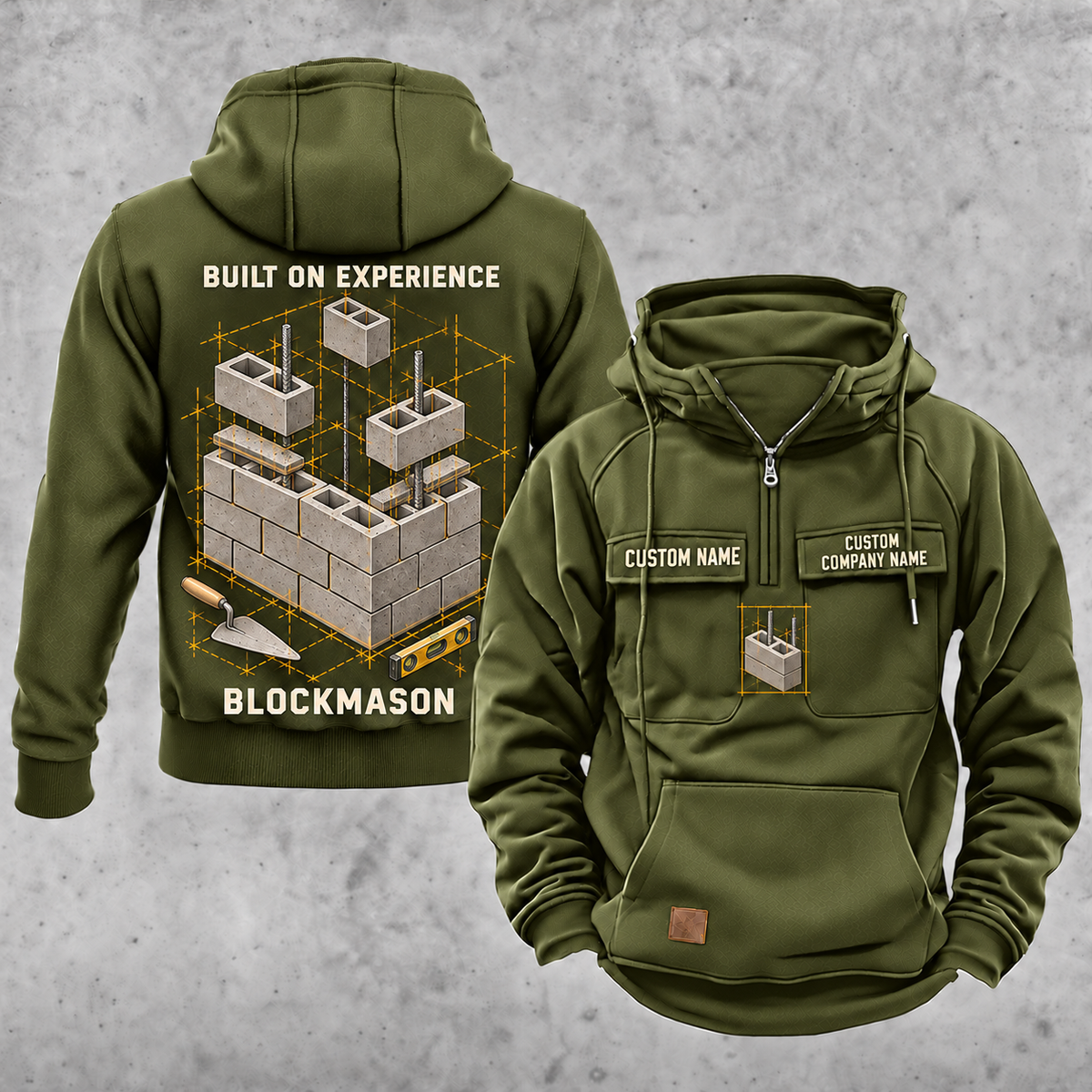 Blockmason Built on Experience Vintage Hoodie Olive Green front and back