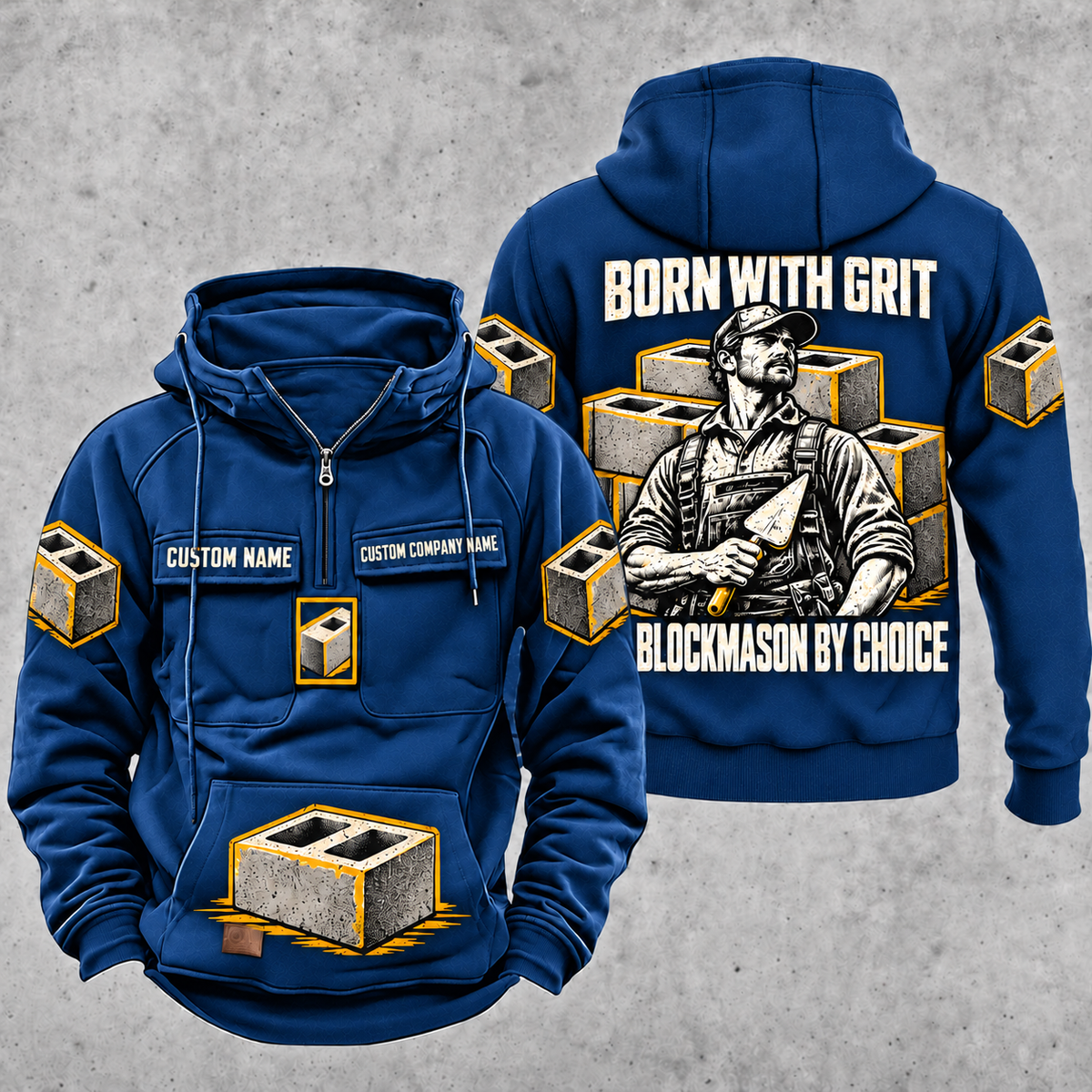Blockmason By Choice Vintage Hoodie Dark Blue front and back