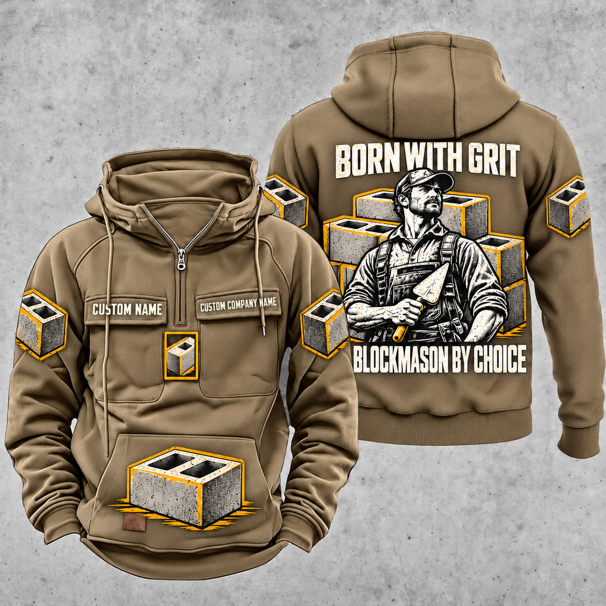 Blockmason By Choice Vintage Hoodie Kaki front and back