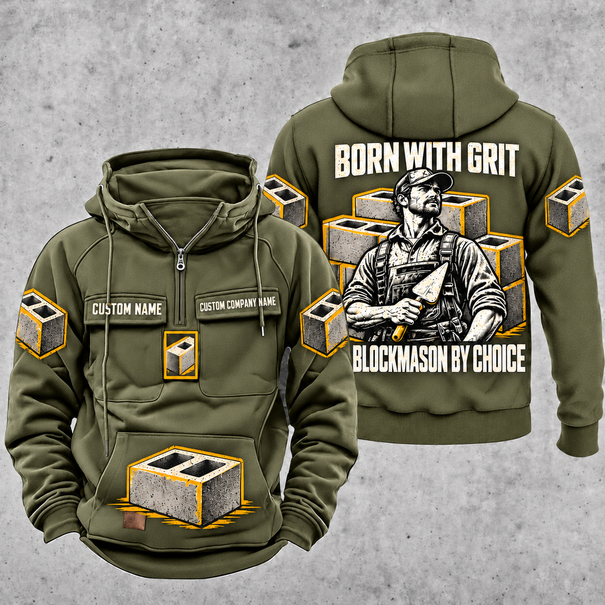 Blockmason By Choice Vintage Hoodie Military Green front and back