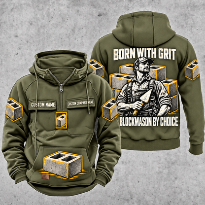 Blockmason By Choice Vintage Hoodie Military Green front and back