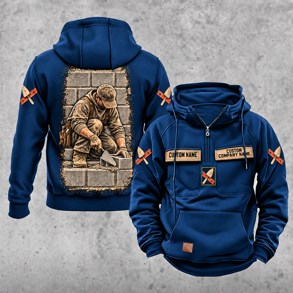 Blockmason Daily Commitment Portrait Vintage Hoodie Dark Blue front and back