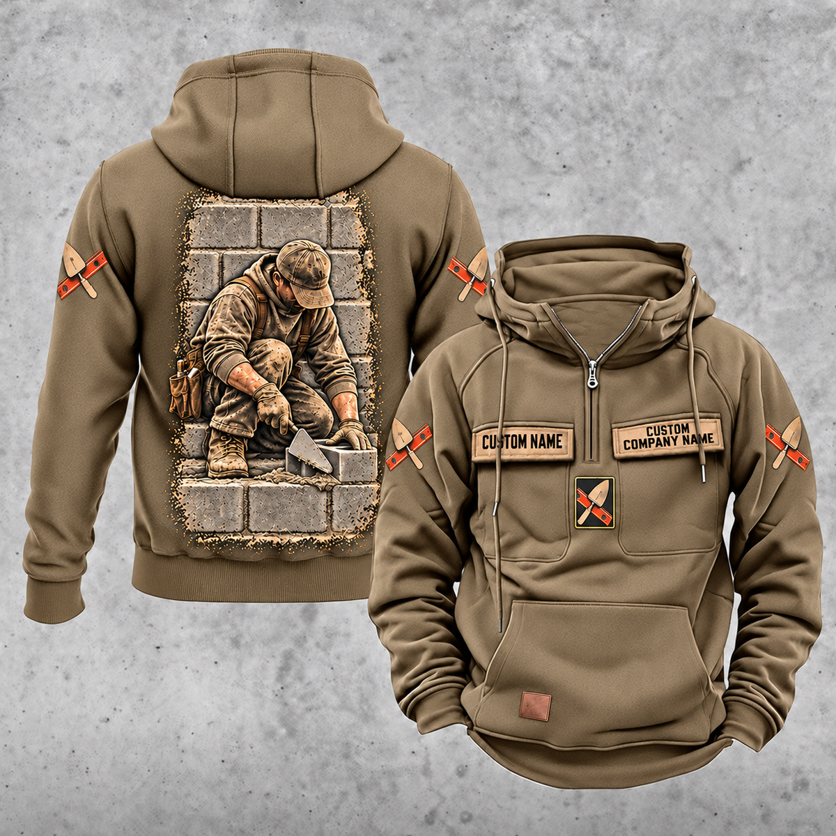 Blockmason Daily Commitment Portrait Vintage Hoodie Kaki front and back