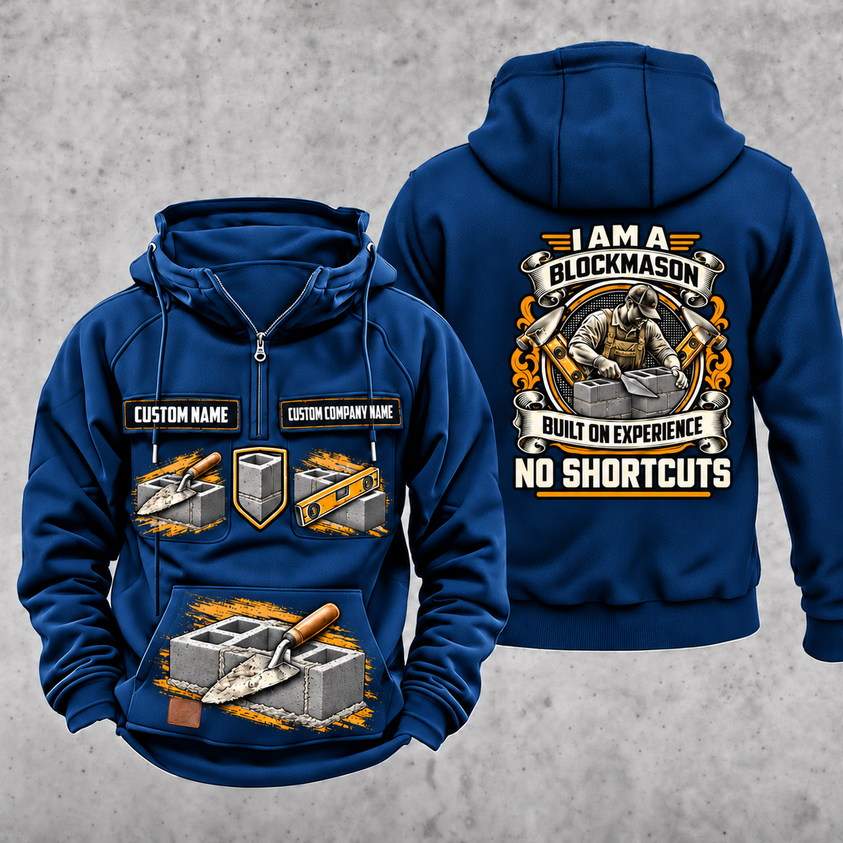 Blockmason Heritage Crest Vintage Hoodie Dark Blue front and back