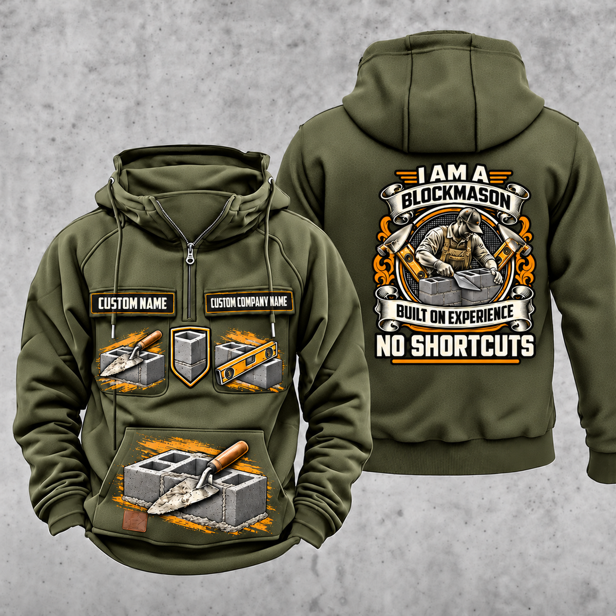 Blockmason Heritage Crest Vintage Hoodie Military Green front and back