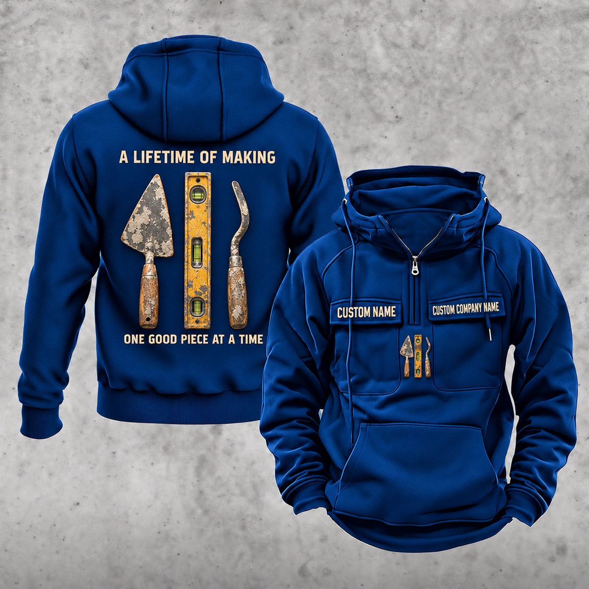Blockmason Lifetime of Making Vintage Hoodie Dark Blue front and back