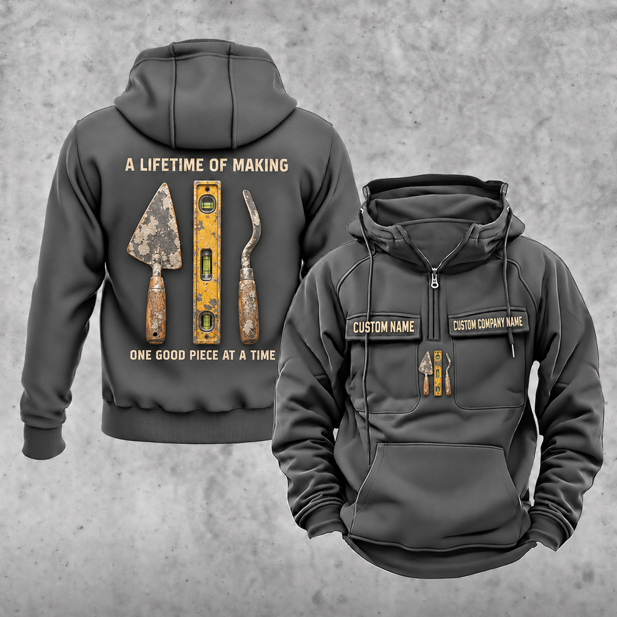 Blockmason Lifetime of Making Vintage Hoodie Dark Gray front and back