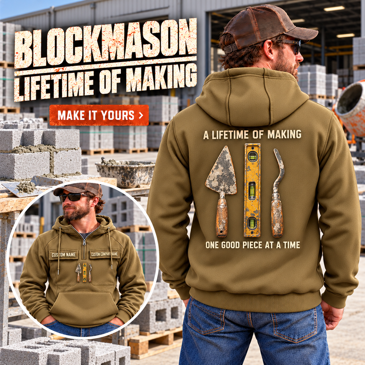 Blockmason Lifetime of Making Vintage Hoodie Khaki listing hero