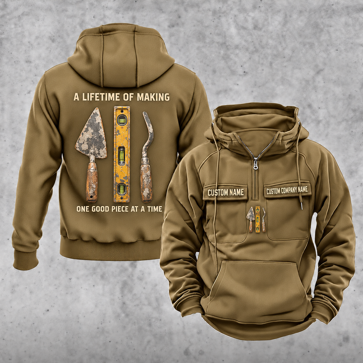 Blockmason Lifetime of Making Vintage Hoodie Khaki front and back