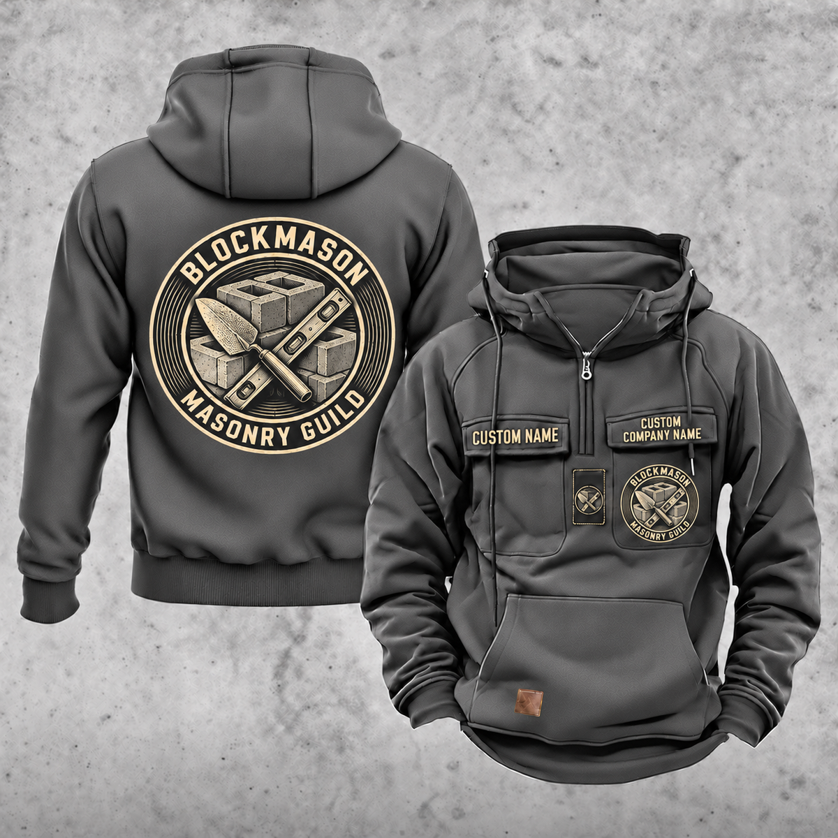 Blockmason Masonry Guild Vintage Hoodie Dark Gray front and back