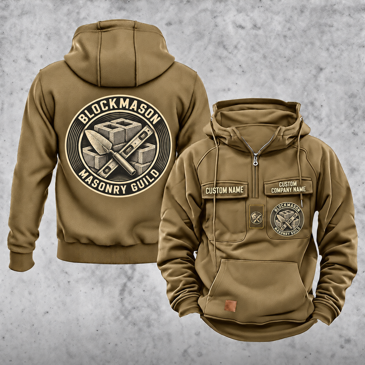 Blockmason Masonry Guild Vintage Hoodie Khaki front and back