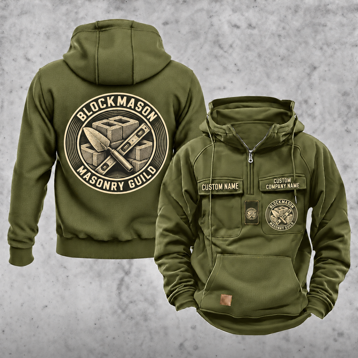 Blockmason Masonry Guild Vintage Hoodie Olive Green front and back