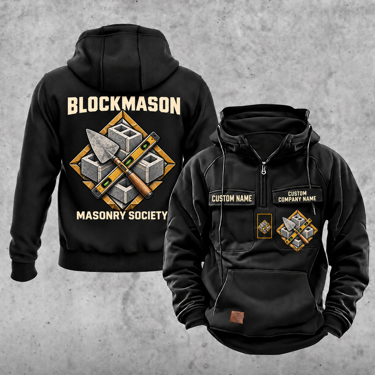 Blockmason Masonry Society Vintage Hoodie Black front and back